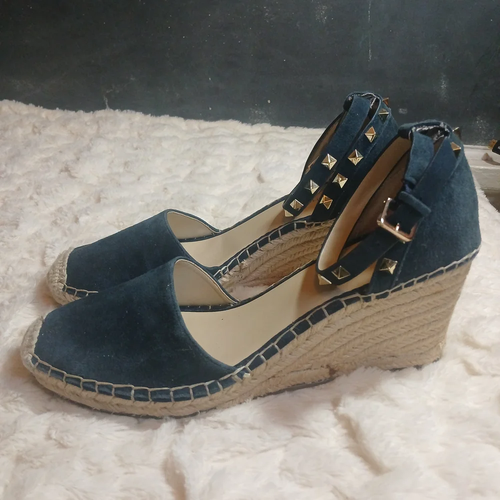 Marc Fisher Sakti Womens 11M Sandal Blue Leather Rockstuds Espadrille Wedge